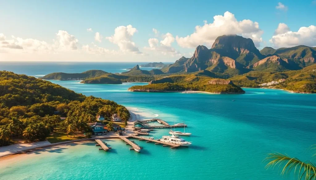 A lush tropical paradise, Barbados island emerges from crystalline turquoise waters, its white sandy beaches and swaying palm trees bathed in warm golden sunlight. In the foreground, a picturesque fishing village nestles against rolling green hills, its colorful wooden houses and docks bustling with local life. The middle ground features a stunning vista of the island's rugged central highlands, their jagged limestone cliffs and verdant forests giving way to a brilliant azure sky. In the distance, the iconic silhouette of the island's distinctive flat-topped Mount Hillaby stands tall, overlooking this enchanting Caribbean gem. Capture the tranquil, idyllic atmosphere of this tropical paradise with a wide, cinematic perspective that showcases Barbados' natural beauty and allure.