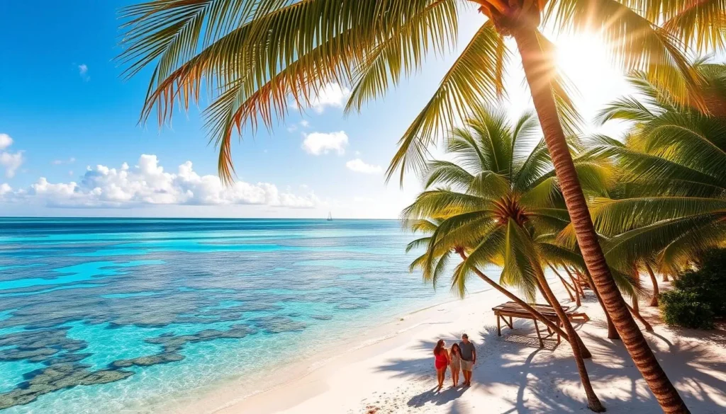 A lush tropical paradise, Grand Cayman Island shimmers under the golden sun. Swaying palm trees line pristine white-sand beaches, their fronds casting delicate shadows on the turquoise waters of the Caribbean Sea. In the foreground, a group of people leisurely stroll along the shore, taking in the breathtaking scenery. The middle ground reveals a vibrant coral reef teeming with diverse marine life, while the distant horizon is dotted with small sailboats and yachts. The scene exudes a sense of tranquility and natural beauty, inviting the viewer to immerse themselves in the enchanting charm of this tropical paradise.