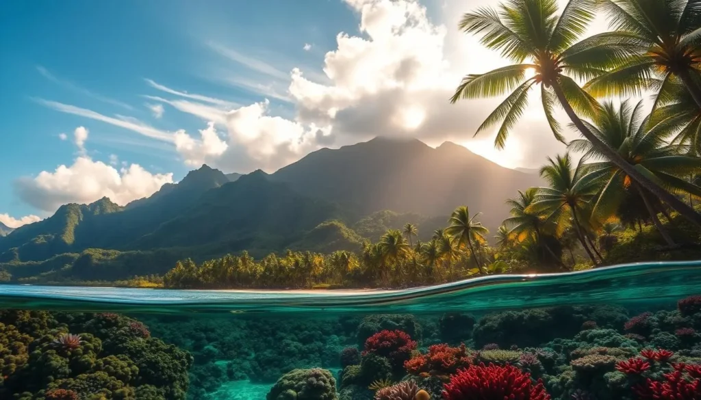 A lush, tropical paradise emerges, where azure waters caress pristine beaches and verdant palm trees sway in the gentle breeze. Towering volcanic peaks, cloaked in a lush, emerald mantle, rise majestically in the distance, casting long shadows across the land. Sunlight filters through wispy clouds, casting a warm, golden glow over the idyllic scene. In the foreground, vibrant coral reefs teem with a kaleidoscope of marine life, inviting exploration. The Northern Mariana Islands, a remote and enchanting archipelago, beckons visitors to discover its natural wonders, where the beauty of land and sea harmonize in perfect balance.
