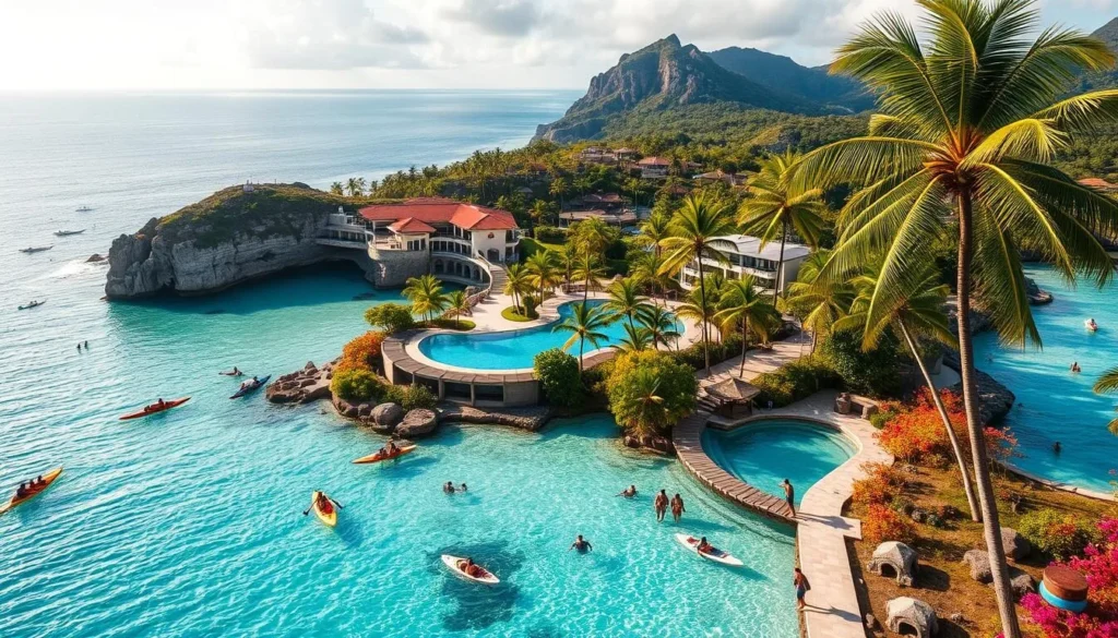 A lush, tropical paradise island with crystal-clear turquoise waters, swaying palm trees, and vibrant, colorful foliage. In the foreground, a group of people enjoying various recreational activities, such as kayaking, stand-up paddleboarding, and snorkeling among the vibrant coral reefs. In the middle ground, a luxurious resort with a sprawling, infinity-edge pool overlooking the ocean. In the background, a scenic, rocky coastline with hiking trails and viewpoints showcasing the island's natural beauty. Warm, diffused sunlight illuminates the scene, creating a serene and inviting atmosphere.