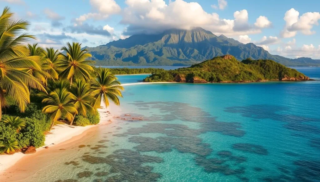 A lush, tropical paradise of verdant islands and turquoise lagoons. Swaying palm trees line pristine white-sand beaches, their fronds gently rustling in the warm Pacific breeze. Crystalline waters shimmer under the golden sunlight, inviting visitors to explore the vibrant coral reefs teeming with diverse marine life. In the distance, majestic volcanic peaks rise, their jagged silhouettes casting dramatic shadows across the tranquil landscape. Capture the essence of this idyllic, French Polynesian haven, where nature's beauty and tranquility reign supreme.