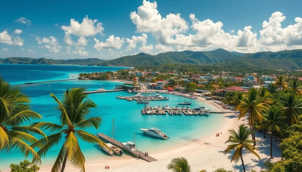 A lush, tropical paradise on the shores of Grand Bahama Island. Crystalline turquoise waters caress powdery white sand beaches, framed by swaying palm trees and vibrant foliage. In the foreground, a picturesque marina bustles with sleek yachts and sailboats. The middle ground reveals a vibrant town center, its colorful buildings and lively markets exuding a warm, island charm. In the distance, rolling hills covered in verdant vegetation rise up, creating a stunning natural backdrop. Warm, golden sunlight filters through wispy clouds, casting a tranquil, serene atmosphere over the entire scene. Capture the essence of Freeport's idyllic island living.
