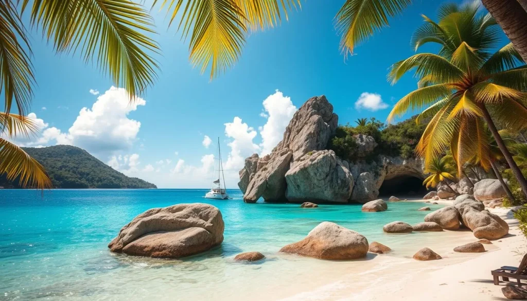A lush, tropical paradise with crystalline turquoise waters and verdant hills. Capture the iconic boulders of The Baths, their massive granite formations rising dramatically from the sea. Showcase the vibrant colors of the Caribbean, with swaying palm trees, white sandy beaches, and a cloudless azure sky. Use a wide-angle lens to create a sweeping, panoramic view that immerses the viewer in the serene tranquility of Virgin Gorda. Diffused, golden sunlight filters through the scene, casting a warm, inviting glow. Convey the sense of discovery and pure natural beauty that awaits travelers in this idyllic corner of the British Virgin Islands.