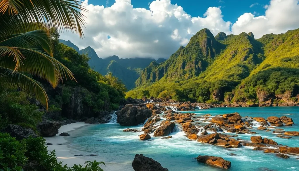 A lush, tropical paradise with dense, verdant foliage cascading down rugged cliffs into a turquoise Caribbean sea. In the foreground, a pristine white-sand beach is fringed by swaying palm trees, their fronds catching the warm, golden sunlight. In the middle ground, a network of crystalline, rushing streams and cascading waterfalls tumble over mossy rocks, creating a soothing symphony of nature. The background features towering, mist-shrouded mountains cloaked in a verdant, primeval forest, their peaks touching the fluffy, cumulus clouds above. The overall scene conveys a sense of tranquility, wonder, and the untamed beauty of the "Nature Island" of the Caribbean.