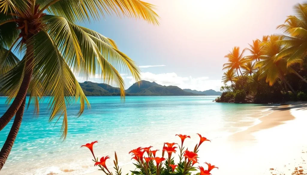 A lush, tropical paradise with swaying palm trees and crystal-clear turquoise waters lapping at a pristine white sand beach. In the foreground, a group of vibrant local flowers bloom, their petals gently dancing in the warm, salty breeze. The middle ground reveals a tranquil lagoon, its surface like a mirror reflecting the surrounding verdant hills and distant volcanoes. Overhead, a bright, cloudless sky bathes the scene in a warm, golden glow, creating a sense of serene, idyllic beauty. This is the alluring, unspoiled landscape of Vanuatu, a true tropical oasis waiting to be discovered.