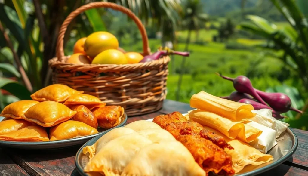 A lush tropical scene showcases a vibrant array of Negrense delicacies. In the foreground, an artfully arranged platter presents a mouthwatering selection of local specialties - flaky empanadas, sweet-savory napoleones, and fragrant, golden-fried lumpia. Mid-frame, a woven basket overflows with ripe, luscious mangoes and vibrant purple yams. The background reveals a verdant, sun-dappled landscape, hinting at the bounty of Negros Island's fertile fields. Warm, natural lighting bathes the scene, evoking a sense of rustic abundance and culinary delight. The overall impression is one of vibrant, authentic Filipino flavors, ripe for the tasting.