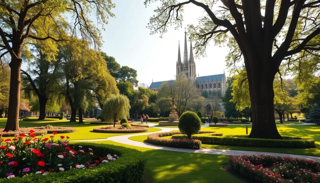 A lush, verdant Chartres city park on a pleasant spring day. In the foreground, vibrant flowerbeds and manicured shrubbery create a serene, picturesque scene. In the middle ground, winding pathways lead visitors through the park, flanked by towering, mature trees casting dappled sunlight. In the background, the iconic spires of Chartres Cathedral rise majestically, creating a stunning backdrop. The atmosphere is tranquil and inviting, with a soft, warm light illuminating the landscape. Capture this idyllic setting with a wide-angle lens to showcase the harmonious blend of nature and architecture that defines the best of Chartres.