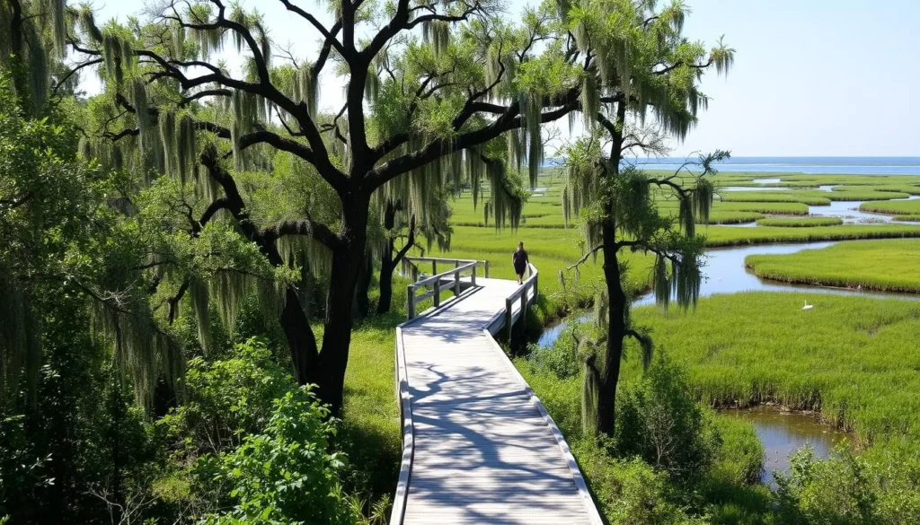 A lush, verdant Creole Nature Trail winds through the tranquil wetlands of Holly Beach, Louisiana. The foreground features a boardwalk path dotted with cypress trees, their moss-draped branches casting soft, dappled shadows. In the middle ground, expansive marshes and meandering waterways teem with diverse wildlife - egrets, herons, and turtles peacefully inhabiting this serene ecosystem. The background showcases the distant horizon, where the sky meets the shimmering waters of the Gulf Coast. The overall scene exudes a sense of natural harmony, inviting visitors to immerse themselves in the unspoiled beauty of this coastal paradise on a pleasantly sunny day.