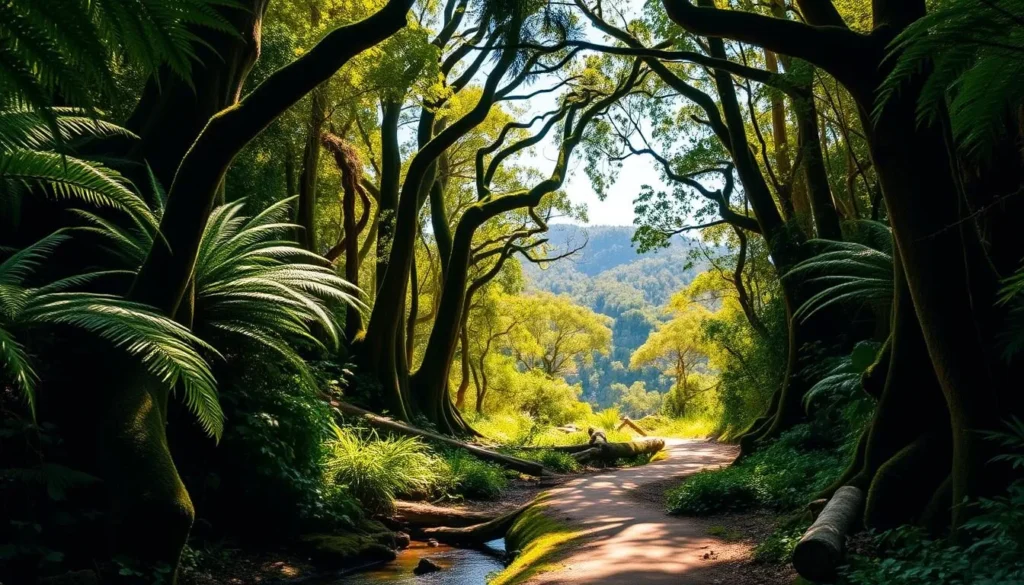 A lush, verdant Lilly Pilly Gully rainforest walk in Wilsons Promontory National Park, Victoria. Towering ferns and ancient, moss-covered trees line the path, creating a serene, natural atmosphere. Dappled sunlight filters through the dense canopy, casting a warm, golden glow on the scene. In the foreground, a meandering creek glistens, surrounded by vibrant foliage and fallen logs. The middle ground features a winding dirt trail, inviting the viewer to explore the tranquil rainforest. In the background, glimpses of rugged, rolling hills can be seen, adding depth and scale to the landscape. The overall mood is one of peaceful solitude, showcasing the beauty and serenity of this iconic Australian wilderness.