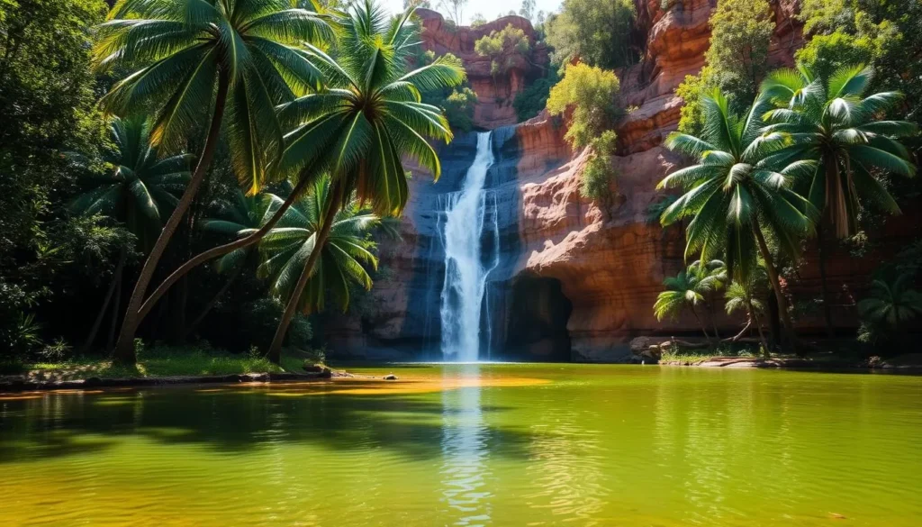 A lush, verdant Litchfield National Park, where cascading waterfalls tumble over ancient sandstone cliffs. In the foreground, a tranquil pool reflects the dappled sunlight filtering through the surrounding rainforest canopy. Towering palm trees line the banks, their fronds swaying gently in the warm breeze. In the middle ground, the main waterfall plunges dramatically, its white waters crashing against the weathered rocks below. The background showcases the rugged, rust-colored escarpments that give the park its distinctive character. An idyllic, serene scene that captures the natural beauty and allure of this extraordinary Australian wilderness.