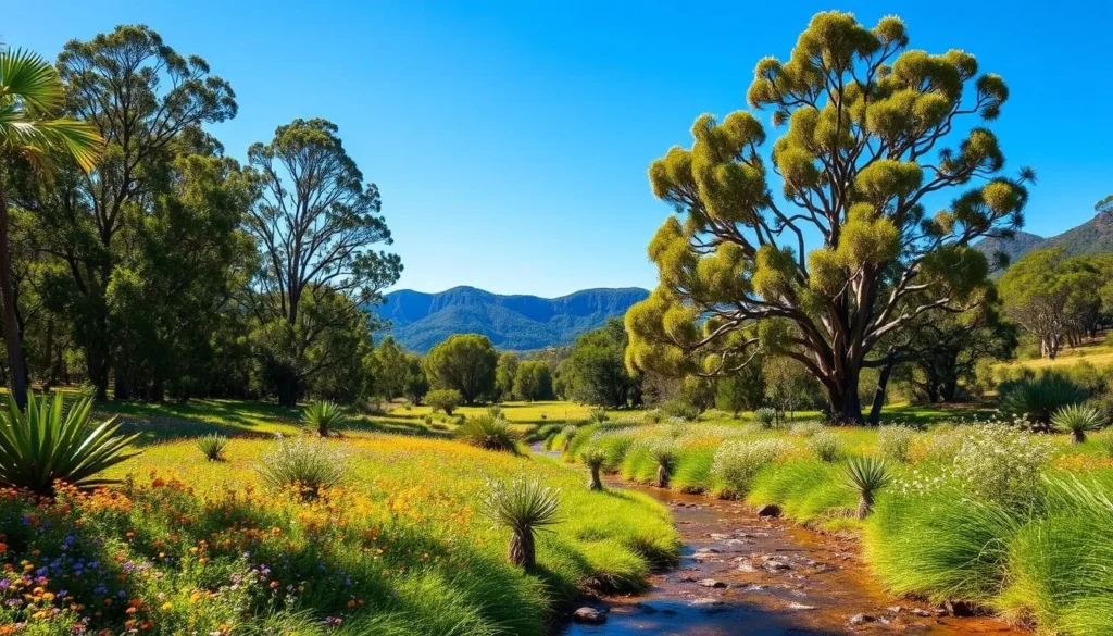 A lush, verdant Sunshine Coast Nature Reserve on a bright, sunny day. In the foreground, a tranquil stream meanders through a carpet of vibrant wildflowers. Towering eucalyptus trees line the middle ground, their dappled leaves casting gentle shadows. In the distance, rugged, sun-kissed hills rise up, framed by a clear azure sky. The scene exudes a sense of peaceful seclusion, inviting the viewer to immerse themselves in the serene natural beauty of this Queensland wonder.