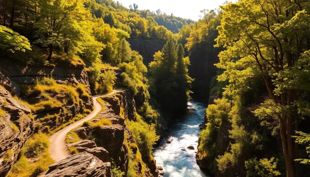 A lush, verdant canyon carved by the rushing waters of the New River, its towering cliffs and dense forests bathed in warm, golden sunlight. In the foreground, the river winds gracefully, its surface sparkling with a thousand diamond-like reflections. Midground features rugged, weathered rock formations and a winding hiking trail leading into the heart of the gorge. The background is dominated by a canopy of vibrant, swaying treetops, casting dappled shadows on the landscape below. Capture the grandeur, tranquility, and natural beauty of this iconic West Virginia destination.