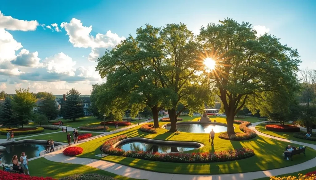 A lush, verdant central garden in Clear Lake, Iowa, basking in the warm, golden glow of a summer afternoon sun. Manicured lawns and vibrant flower beds surround a tranquil pond, reflecting the azure sky and fluffy white clouds above. Towering trees provide dappled shade, creating a serene and inviting atmosphere for visitors to gather and enjoy the weekly community events. Families stroll along winding paths, children play on the neatly trimmed grass, and locals relax on benches, taking in the sights and sounds of this charming Midwestern oasis.
