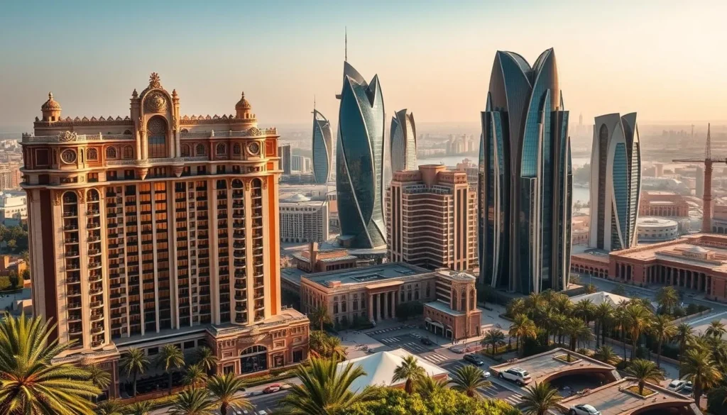 A lush, verdant cityscape showcasing the majestic hotels of Riyadh, Saudi Arabia. In the foreground, a grand, opulent hotel with intricate architectural details and elegant façade stands tall, its windows reflecting the warm, golden light of the sun. The middle ground features other prominent hotels, their distinctive designs and towering structures creating a harmonious skyline. In the background, the city's modern skyscrapers and ancient landmarks intermingle, highlighting the blend of old and new that defines Riyadh. The scene is bathed in a soft, ambient lighting that casts long shadows and a serene, inviting atmosphere. Capture this vibrant, dynamic city in all its glory, showcasing the best of Riyadh's thriving hospitality industry.