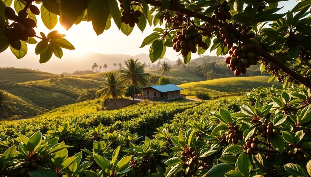 A lush, verdant coffee plantation nestled in the rolling hills of Camuy, Puerto Rico. Rows of vibrant green coffee plants stretch across the landscape, their glossy leaves glistening in the warm, golden sunlight. In the foreground, coffee cherries in various stages of ripeness cling to the branches, ready to be hand-picked by skilled local farmers. The middle ground reveals a quaint, traditional coffee processing facility, its rustic charm blending seamlessly with the natural surroundings. In the distance, the silhouettes of majestic palm trees sway gently, creating a picturesque backdrop that evokes the essence of the Caribbean. The overall scene exudes a sense of tranquility and the deep-rooted connection between the land, the people, and the beloved coffee that has become a cornerstone of Camuy's culinary heritage.