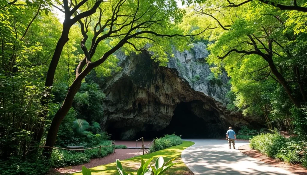 A lush, verdant entrance to the awe-inspiring Harrison's Cave in Barbados. Sunlight filters through the towering trees, casting a warm glow upon the limestone formations that beckon exploration. In the foreground, a winding path leads visitors towards the cave's mouth, inviting them to discover the hidden natural wonders within. The scene exudes a sense of tranquility and adventure, perfectly capturing the essence of the natural beauty that surrounds Bridgetown. Capture the scene with a wide-angle lens, emphasizing the scale and grandeur of this remarkable geological marvel.