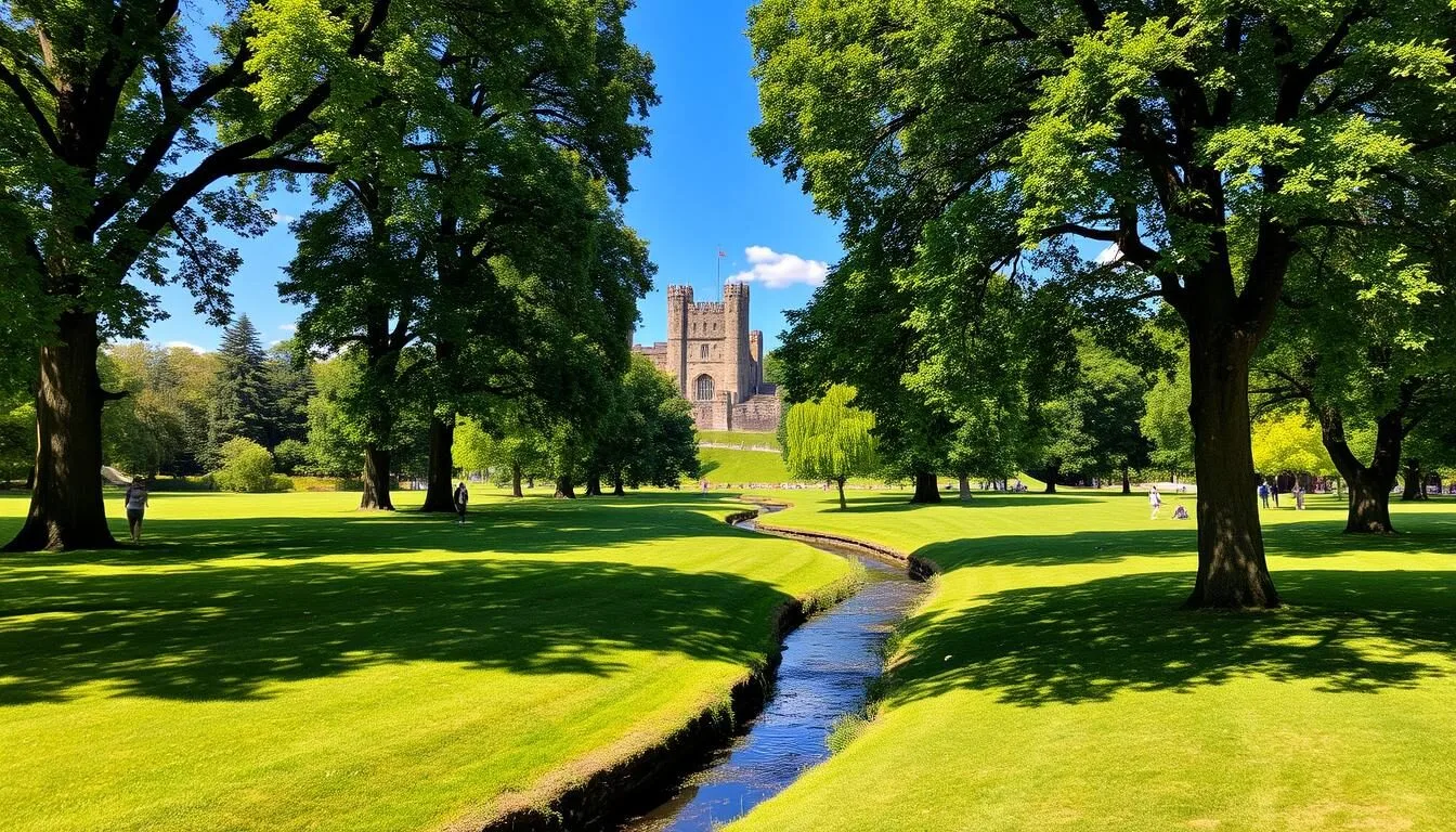 A lush, verdant expanse of Bute Park in Cardiff, Wales on a pleasant, sunny day. Towering trees casting dappled shadows across the manicured lawns, where people stroll leisurely. In the middle ground, a tranquil stream meanders, its banks lined with vibrant flowers in bloom. The historic Cardiff Castle towers in the background, its ancient stone walls and turrets silhouetted against a clear, azure sky. The scene exudes a serene, picturesque atmosphere, inviting visitors to explore the park's verdant landscapes and discover the city's rich natural heritage.
