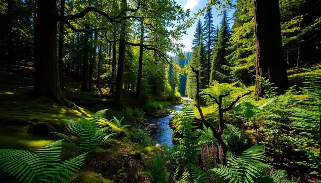 A lush, verdant forest canopy shimmers in soft, natural light, casting dappled shadows on the mossy ground below. In the middle distance, a serene, meandering stream cuts through the landscape, its gentle current reflecting the azure sky above. In the foreground, a diverse array of native flora - ferns, wildflowers, and towering evergreen trees - create a tranquil, inviting atmosphere. The scene evokes a sense of peaceful solitude, showcasing the natural wonders that surround the vibrant city of Olympia, Washington.