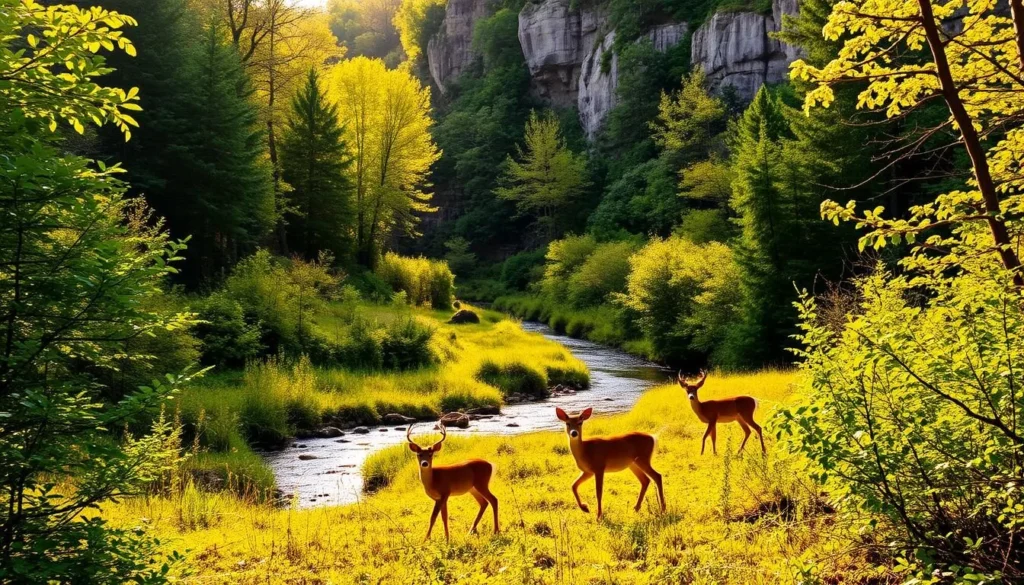 A lush, verdant forest clearing in Mammoth Cave National Park, Kentucky, bathed in warm, golden sunlight. In the foreground, a group of whitetail deer cautiously emerge from the underbrush, their tawny coats gleaming. In the middle ground, a babbling brook winds its way through the scene, its crystal-clear waters reflecting the surrounding foliage. In the background, towering limestone cliffs and dense, untamed vegetation create a sense of tranquil isolation. The overall atmosphere is one of peaceful coexistence between wildlife and the natural world, inviting the viewer to immerse themselves in the beauty and wonder of this protected ecosystem.
