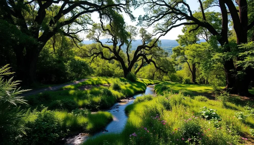 A lush, verdant forest in Sebring, Florida, with sunlight filtering through the canopy of towering oak trees. In the foreground, a meandering stream cuts through the landscape, its crystal-clear waters reflecting the surrounding foliage. Vibrant wildflowers dot the forest floor, adding splashes of color to the serene scene. In the middle ground, a winding path invites exploration, leading deeper into the natural wonder. The background showcases rolling hills and distant mountains, creating a picturesque panorama. The atmosphere is tranquil and inviting, evoking a sense of peace and connection with the great outdoors.