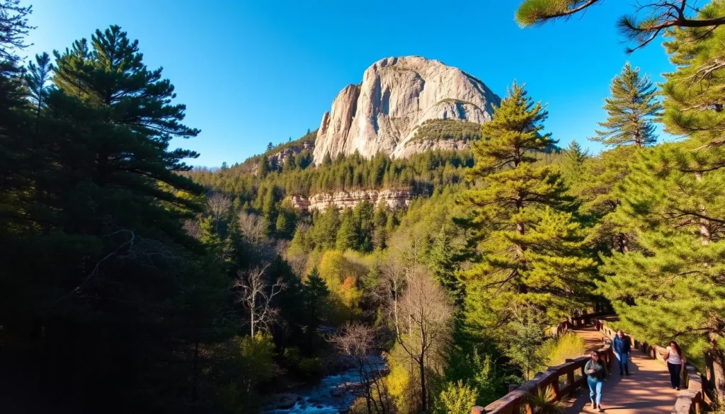 A lush, verdant forest of towering hardwoods and evergreens surrounds a majestic rock formation, its rugged cliffs and craggy edges rising majestically against a clear azure sky. A meandering stream cuts through the valley below, its crystal-clear waters reflecting the natural splendor above. Hikers explore winding trails, taking in the stunning vistas and the tranquil ambiance of this serene wilderness. Warm sunlight filters through the canopy, casting a warm, golden glow over the scene. The overall atmosphere is one of peaceful contemplation, inviting visitors to immerse themselves in the natural beauty of Hanging Rock State Park.