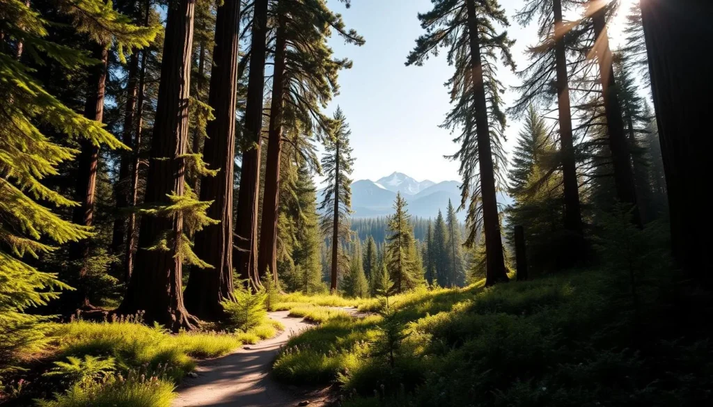 A lush, verdant forest of towering sequoia trees, their majestic trunks reaching skyward, casts a serene, filtered light across a winding hiking trail. In the foreground, the path meanders through a carpet of ferns and wildflowers, inviting the viewer to embark on an enchanting journey. Dappled sunlight dances across the scene, creating a warm, golden ambiance that heightens the tranquil atmosphere. Distant mountain peaks, capped with snow, rise majestically in the background, completing the picturesque landscape. The overall impression is one of natural harmony, where the grandeur of the sequoias and the tranquility of the trail come together to offer a truly breathtaking outdoor experience.