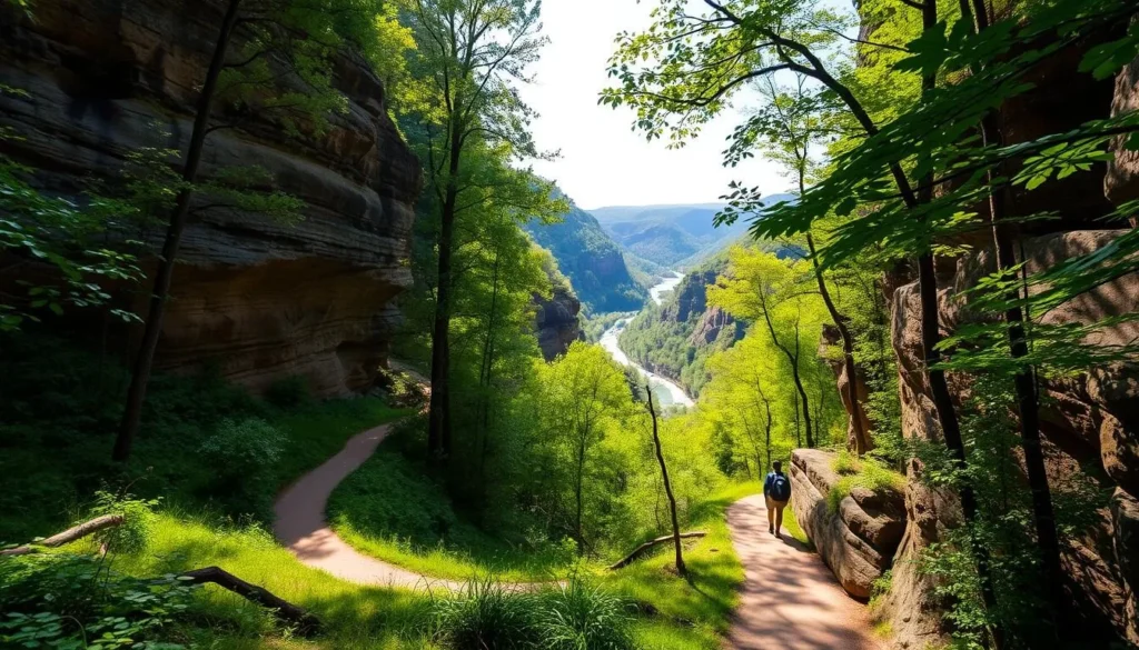 A lush, verdant forest path winds through the stunning Red River Gorge in Kentucky, with towering sandstone cliffs and natural rock formations framing the scene. Dappled sunlight filters through the canopy, casting a warm, inviting glow over the well-maintained trail. Hikers traverse the smooth, winding path, taking in the serene beauty of the surrounding landscape. In the distance, glimpses of the flowing Red River can be seen, adding to the tranquil ambiance. The overall atmosphere evokes a sense of adventure and appreciation for the great outdoors.