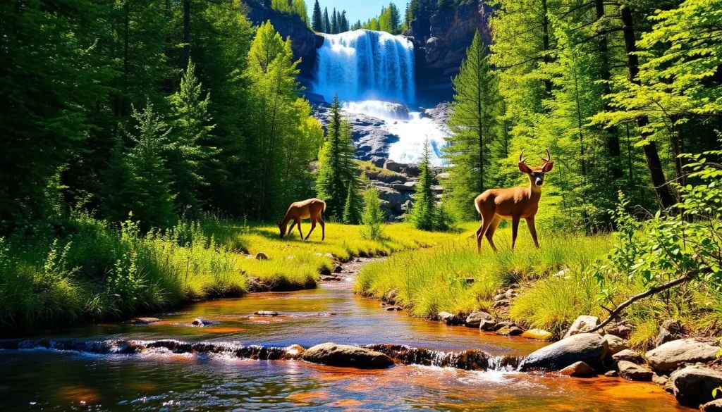 A lush, verdant forest scene at Gooseberry Falls State Park, Minnesota, on a bright, sunny day. In the foreground, a small stream flows gently, its crystal-clear waters reflecting the surrounding foliage. In the middle ground, a pair of white-tailed deer graze peacefully, their alert ears and watchful eyes scanning the landscape. In the background, the majestic Gooseberry Falls cascade down the rocky cliffs, creating a mesmerizing display of power and tranquility. The scene is bathed in warm, golden light, creating a serene and inviting atmosphere for wildlife viewing.