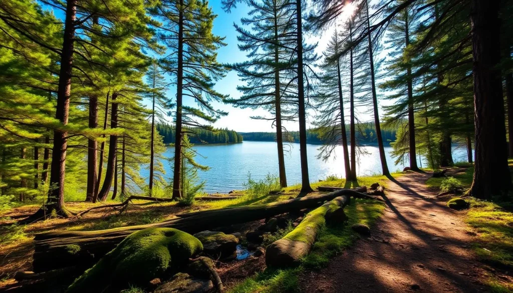 A lush, verdant forest with towering pines and firs, their branches casting dappled shadows on the forest floor. A tranquil lake reflects the azure sky, its calm waters rippling gently. Sunlight filters through the canopy, illuminating the scene with a warm, golden glow. Moss-covered rocks and fallen logs dot the landscape, creating a sense of timeless serenity. A winding trail leads deeper into the wilderness, inviting exploration of this untamed, pristine environment. The Chippewa National Forest, a vast and untamed expanse of natural beauty, awaits the adventurous visitor.