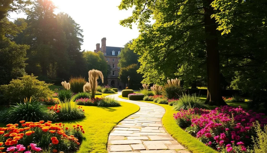 A lush, verdant garden at the renowned Cambridge University Botanic Gardens, bathed in warm, golden afternoon sunlight. Manicured flower beds burst with vibrant colors, surrounded by towering trees casting gentle shadows. A meandering stone path leads visitors through this tranquil oasis, inviting exploration. In the distance, historic university buildings peek through the foliage, creating a harmonious blend of nature and architecture. The scene exudes a sense of serenity and academic contemplation, reflecting the beauty and charm of Cambridge's green spaces.