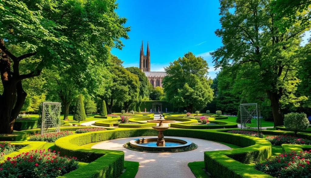 A lush, verdant garden in Chartres, France, with neatly trimmed hedges, vibrant flower beds, and a central fountain. Dappled sunlight filters through the canopy of mature trees, casting a warm, golden glow over the tranquil scene. In the middle ground, winding paths invite visitors to explore the meticulously maintained grounds, while in the background, the iconic spires of Chartres Cathedral rise majestically against a clear, azure sky. The overall atmosphere is one of serene beauty and historical elegance, reflecting the rich cultural heritage of this picturesque French city.