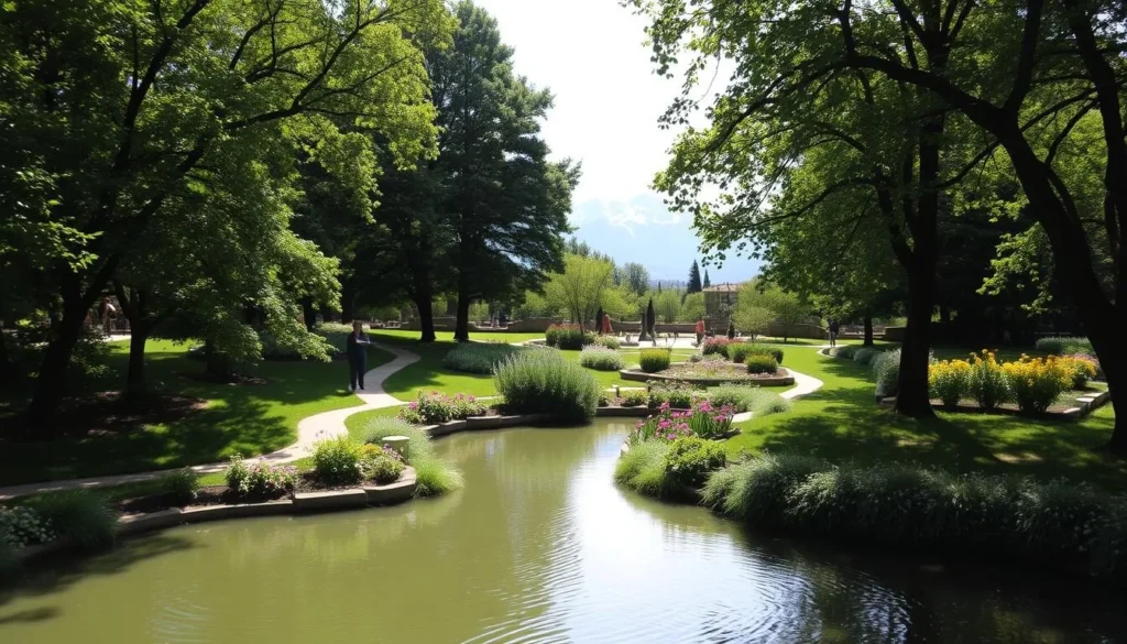 A lush, verdant garden in the heart of Grenoble, France, on a warm, sunny day. Meandering paths wind through neatly manicured flower beds and shady groves of mature trees. In the foreground, a serene pond reflects the surrounding foliage, its surface gently rippled by a light breeze. In the middle ground, people stroll leisurely, admiring the blooming flora and the breathtaking views of the snow-capped Alps in the distance. The scene is bathed in soft, diffused natural light, creating a calming, inviting atmosphere that beckons visitors to pause, relax, and immerse themselves in the tranquil beauty of this urban oasis.