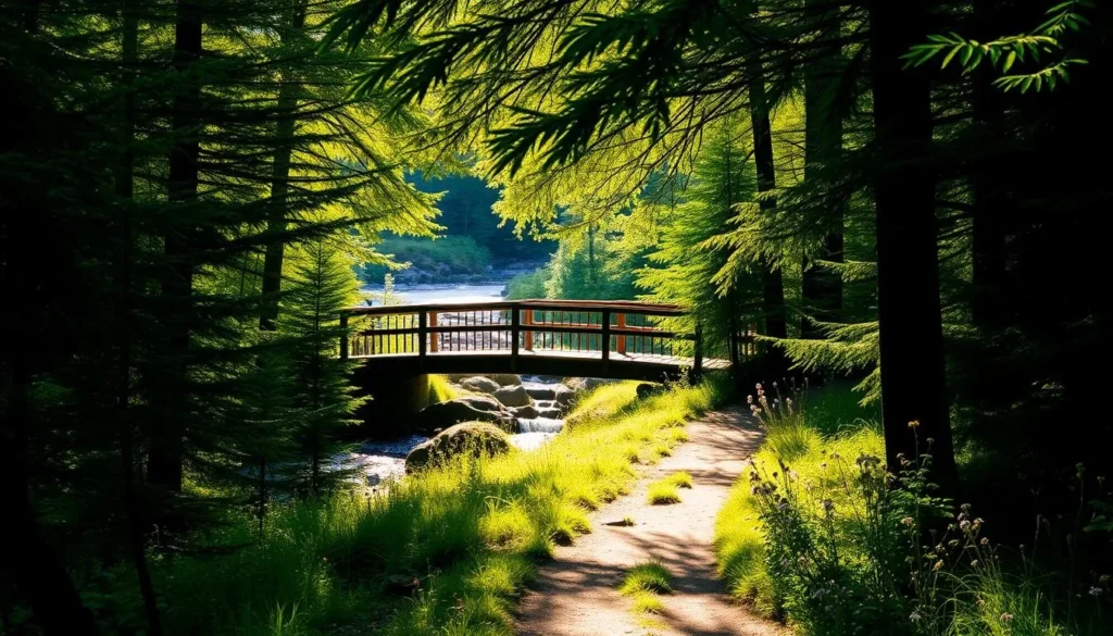 A lush, verdant heritage trail winding through a scenic, sun-dappled forest. The path is flanked by towering evergreen trees, their leaves filtering the golden light. In the distance, a historic wooden footbridge spans a gently flowing stream, its weathered planks and ornate railings hinting at the trail's storied past. Wildflowers dot the forest floor, adding splashes of vibrant color to the tranquil scene. The overall atmosphere exudes a sense of peaceful exploration, inviting the viewer to immerse themselves in the captivating natural and historical charm of this enchanting heritage destination.
