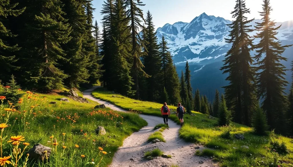 A lush, verdant hiking trail snakes through the majestic mountains of Glacier National Park, British Columbia. Towering peaks capped with pristine white snow rise in the distance, casting long shadows across the path. Vibrant wildflowers dot the forest floor, their petals swaying gently in the crisp alpine breeze. Sunlight filters through the canopy of towering evergreen trees, casting a warm, golden glow over the scene. The trail itself is well-maintained, with a smooth, packed dirt surface winding its way through the breathtaking landscape. Hikers can be seen making their way along the path, taking in the stunning vistas that unfold at every turn.