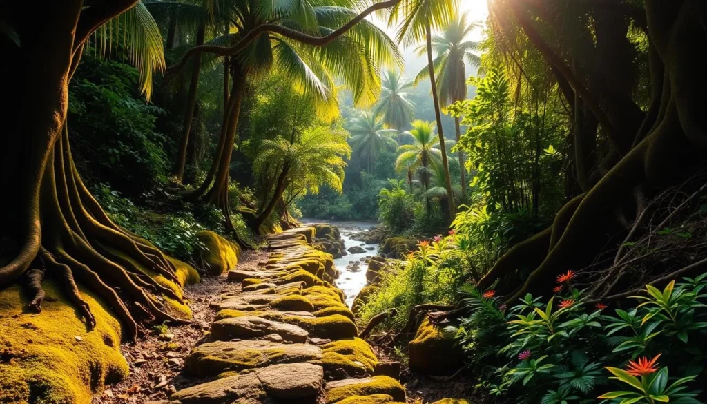 A lush, verdant hiking trail winding through the heart of the American Samoa rainforest. Sunlight filters through the dense canopy, casting a warm, golden glow on the mossy rocks and gnarled tree roots that line the path. In the distance, a babbling brook crosses the trail, its soothing sounds mingling with the chirps of tropical birds. The trail is flanked by towering palm trees and vibrant, flowering undergrowth, creating a sense of tranquility and adventure. The scene exudes a serene, natural atmosphere, inviting the viewer to embark on an enchanting hike through this picturesque and unspoiled landscape.