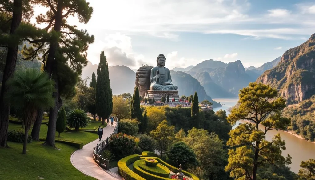 A lush, verdant hillside overlooking the majestic Leshan Giant Buddha, its serene gaze watching over the tranquil Dadu River below. In the foreground, a winding path leads visitors through a picturesque garden, flanked by towering, ancient cypress trees. The midground showcases the awe-inspiring, carved sandstone figure, its intricate details illuminated by warm, natural sunlight filtering through wispy clouds. In the distance, the rugged Emei Mountains rise majestically, creating a breathtaking backdrop to this serene and historically significant landscape. Capture the timeless elegance and spiritual essence of Leshan, a harmony of nature, architecture, and human achievement.