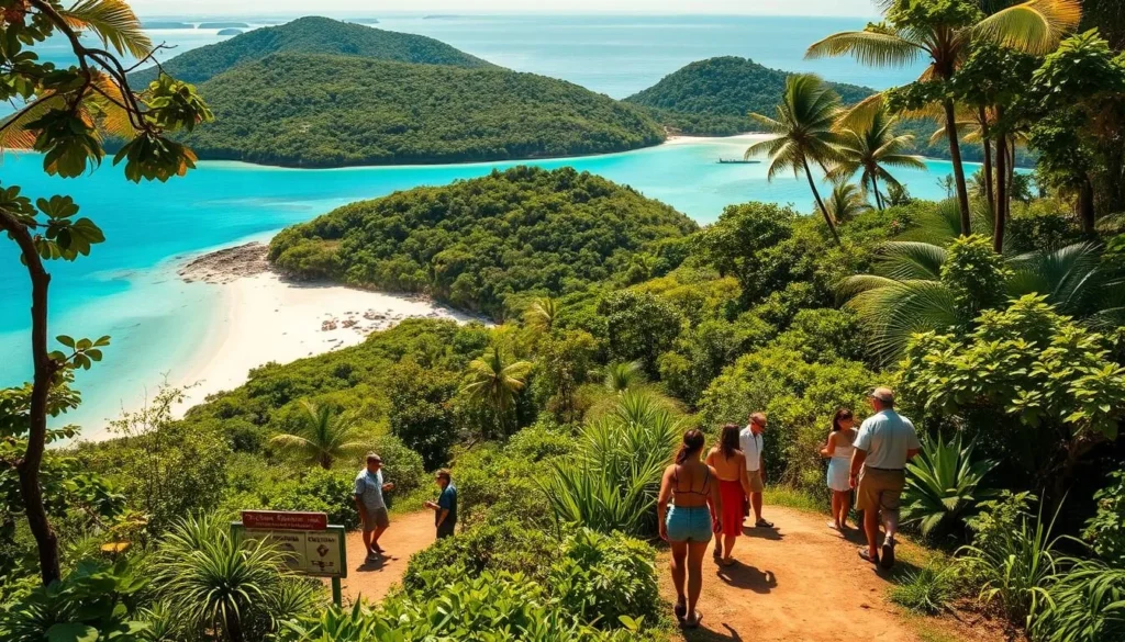 A lush, verdant island landscape with a pristine beach and crystal-clear turquoise waters. In the foreground, a group of people engaged in eco-friendly activities, such as beach cleanup, turtle monitoring, or sustainable tourism. The middle ground features a well-maintained hiking trail winding through the island's tropical flora, with signage educating visitors about the conservation efforts. In the background, a scenic overlook showcases the island's natural beauty, bathed in warm, golden sunlight that casts a tranquil glow over the entire scene. Convey a sense of harmony between human activity and the island's delicate ecosystem.
