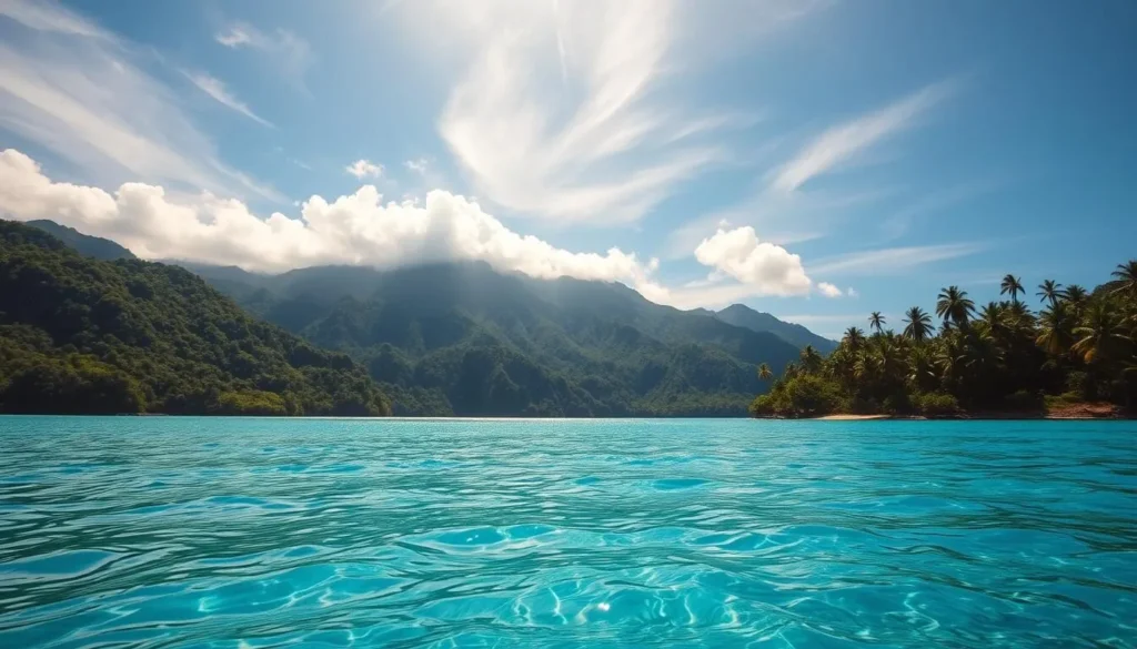 A lush, verdant island paradise emerges from azure waters, Mindanao's diverse landscapes on full display. Towering mountains rise in the distance, their peaks shrouded in wispy clouds. Pristine white-sand beaches fringe the coastline, palm trees swaying gently in the warm tropical breeze. In the foreground, a sparkling, crystal-clear lagoon reflects the brilliant blue sky above, inviting exploration. The natural light casts a warm, golden glow, lending an air of tranquility and wonder to the scene. Capture the essence of this southern Philippine gem, a place of unspoiled beauty and boundless adventure.