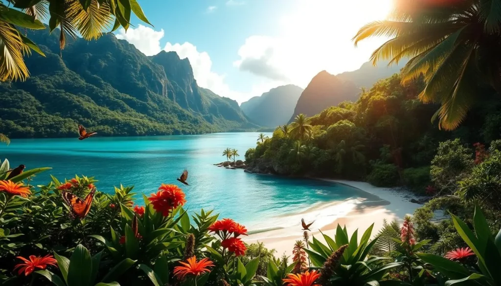 A lush, verdant island paradise nestled in the tranquil Caribbean Sea. Rolling hills covered in vibrant rainforest vegetation, with towering peaks and cascading waterfalls in the distance. A pristine, white sand beach lines the crystal-clear turquoise waters, where gentle waves lap against the shore. Sunlight filters through the canopy, casting a warm, golden glow over the scene. In the foreground, colorful tropical flowers and plants sway in the gentle breeze. Birds and butterflies flit among the foliage, adding to the serene, natural ambiance. The overall mood is one of peaceful seclusion, untouched by the modern world, inviting exploration and discovery.