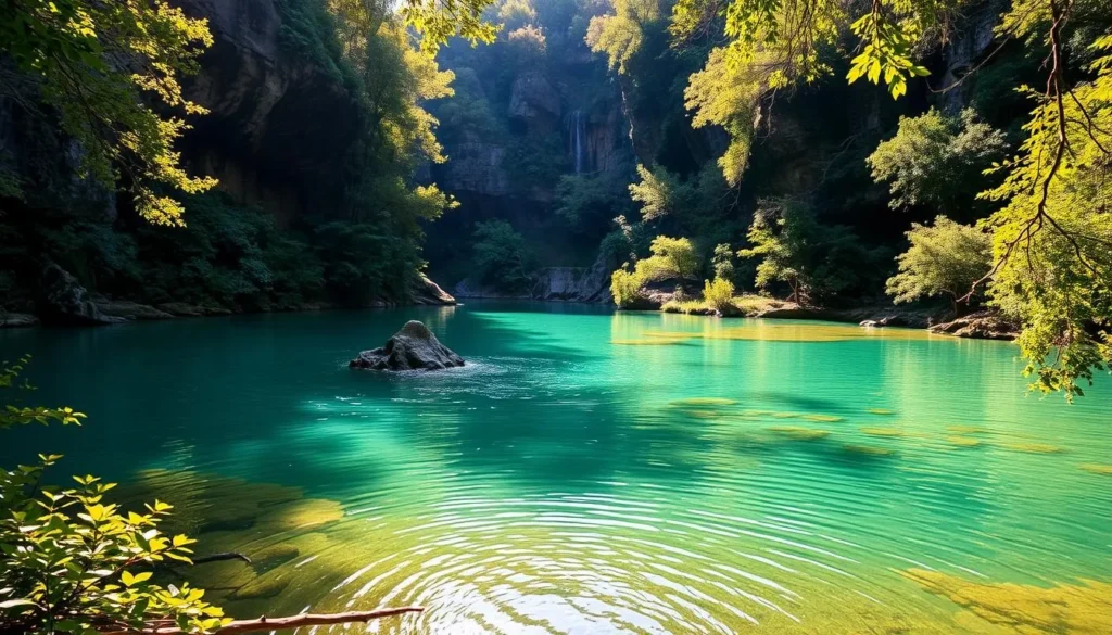 A lush, verdant landscape at Mammoth Spring State Park in Arkansas. In the foreground, pristine turquoise pools of crystal-clear spring water, their surfaces gently rippled by a light breeze. Towering cliffs and thick foliage frame the scene, casting soft, dappled shadows. Warm, golden sunlight filters through the trees, illuminating the pools and surrounding greenery. The tranquil atmosphere evokes a sense of serenity and wonder, inviting the viewer to bask in the natural beauty of this remarkable natural wonder.