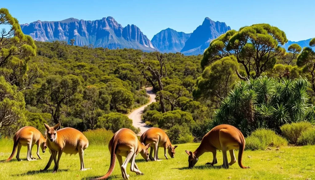 A lush, verdant landscape at Wilsons Promontory National Park, Victoria. In the foreground, a group of curious kangaroos graze peacefully, their fur glistening in the warm sunlight. In the middle ground, a winding trail leads through a dense forest, where colorful birds flit between the branches. In the background, the majestic granite peaks of the Prom rise up, their rugged slopes contrasted by a clear blue sky. The scene exudes a sense of tranquility and harmony, inviting the viewer to immerse themselves in the natural wonder of this remarkable wilderness.