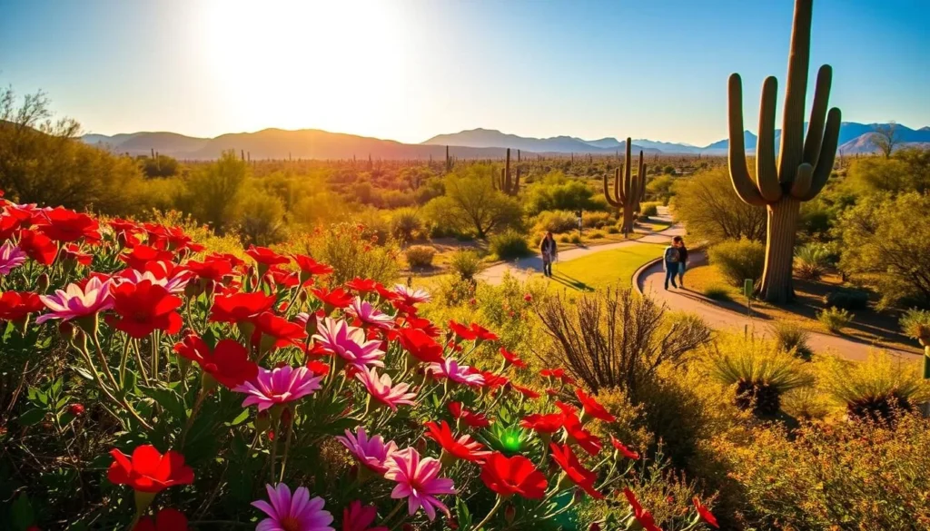 A lush, verdant landscape bathed in warm, golden sunlight. In the foreground, a vibrant array of blooming flowers - vibrant reds, delicate pinks, and sunny yellows - dancing gently in a soft breeze. In the middle ground, people leisurely strolling along a winding path, pausing to admire the natural beauty around them. In the distance, towering saguaro cacti and rolling hills, creating a picturesque Sonoran Desert scene. The atmosphere is serene and inviting, capturing the essence of a perfect spring day in Tucson, Arizona.