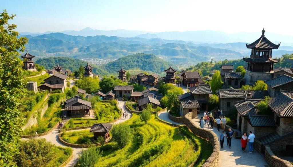 A lush, verdant landscape dotted with the iconic Kaiping diaolou towers, their distinctive architectural styles and pagoda-like roofs standing in harmonious contrast against the clear blue sky. In the foreground, a winding path leads visitors through the quaint, well-preserved villages, past traditional stone houses and lush, terraced gardens. The middle ground features a group of tourists exploring the area, their curiosity and appreciation for the cultural heritage palpable. In the background, the rolling hills and distant mountains create a serene, picturesque backdrop, bathed in warm, golden sunlight that casts a gentle glow over the entire scene.
