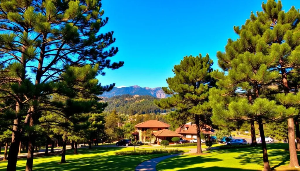 A lush, verdant landscape in Baguio, the City of Pines, under a clear blue sky. In the foreground, a vibrant park with towering pine trees casting dappled shadows on the well-tended pathways. In the middle ground, traditional Filipino architecture with red-tiled roofs nestled among the hills, their facades bathed in warm, golden light. The background features the majestic Cordillera mountain range, its peaks capped with a dusting of snow. The overall scene exudes a serene, temperate atmosphere, inviting visitors to enjoy the pleasant Baguio climate and explore the city's natural wonders.