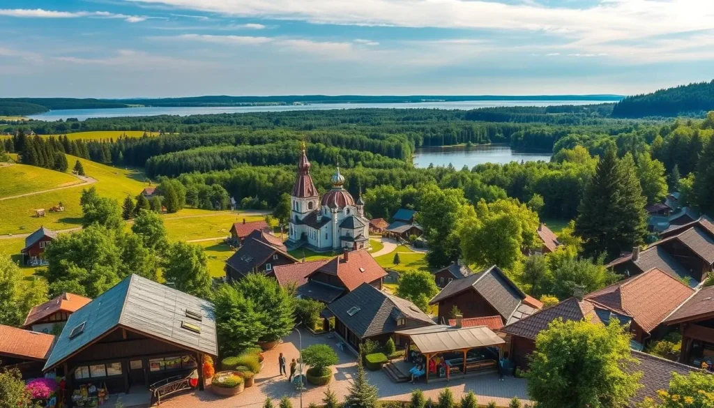 A lush, verdant landscape in Belarus during the height of summer. A picturesque village nestled between rolling hills, its charming wooden houses and cobblestone streets bathed in warm, golden light. In the foreground, a local farmer's market bursting with vibrant produce and artisanal crafts. In the middle ground, a historic Orthodox church with onion-domed spires stands as a testament to the country's rich cultural heritage. The background showcases the serene, shimmering waters of a nearby lake, surrounded by dense forests and a cloudless, azure sky. This idyllic scene captures the best of Belarus during the most ideal time to visit - when the weather is mild, the countryside is lush, and the local festivals and traditions are in full swing.