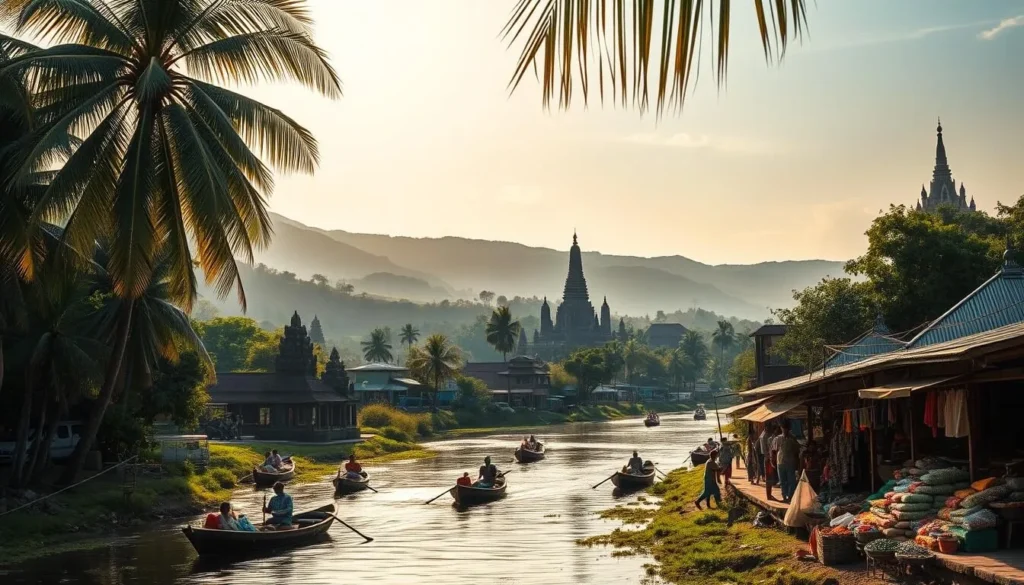 A lush, verdant landscape in Cambodia, with rolling hills and palm trees swaying gently in the breeze. In the foreground, a tranquil river winds its way, flanked by traditional wooden boats and fishermen casting their nets. The middle ground showcases vibrant marketplaces, bustling with local vendors selling an array of colorful textiles, spices, and handicrafts. In the background, the majestic silhouettes of ancient temples and towering Buddhist pagodas stand as a testament to the country's rich cultural heritage. The scene is bathed in warm, golden sunlight, creating a serene and inviting atmosphere, perfectly capturing the essence of essential travel information for Cambodia.