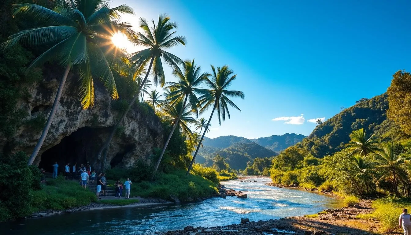 A lush, verdant landscape in Camuy, Puerto Rico, bathed in warm, golden sunlight. In the foreground, a winding river flows gently through limestone cliffs, its crystal-clear waters reflecting the azure sky above. Towering palm trees sway gently in the breeze, casting dappled shadows on the tranquil scene. In the middle ground, a group of locals and tourists explore the nearby caves, their sense of wonder and discovery palpable. In the distance, rolling hills and dense, verdant foliage create a picturesque backdrop, hinting at the abundant natural beauty that awaits visitors to this enchanting Caribbean destination.