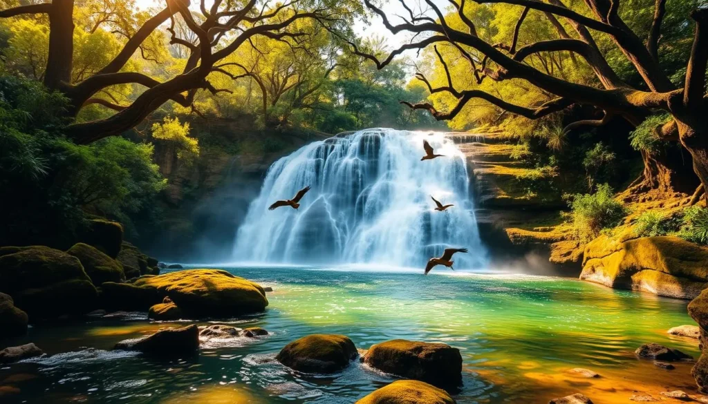 A lush, verdant landscape in Litchfield National Park during the wet season. A majestic, cascading waterfall tumbles over mossy rocks, its crystalline waters glistening in the warm, golden sunlight. The scene is framed by towering, ancient trees whose branches extend overhead, casting dappled shadows on the tranquil pool below. Birds soar gracefully through the mist, adding to the serene, natural ambiance. The waterfall's powerful yet soothing flow creates a mesmerizing visual and auditory experience, perfectly capturing the beauty and splendor of the wet season in this Northern Territory wonder.
