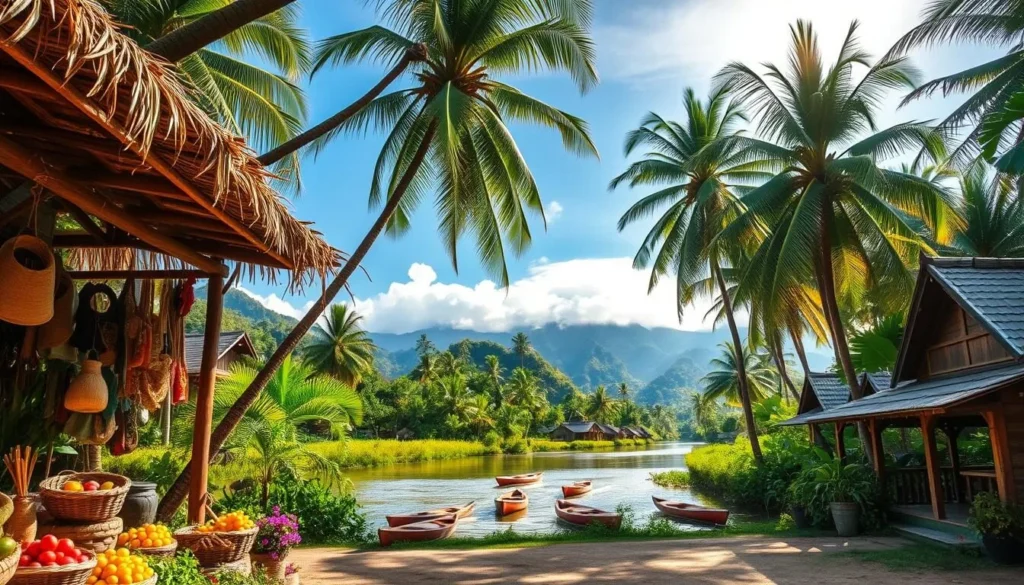 A lush, verdant landscape in Mindanao, Philippines, where sustainable tourism thrives. In the foreground, local artisans showcase their handcrafted wares under thatched-roof stalls, surrounded by the vibrant colors of fresh produce and blooming flowers. The middle ground reveals a tranquil river, its banks lined with traditional wooden cottages and kayaks gently gliding across the surface. In the background, majestic mountains rise, their peaks shrouded in wispy clouds. Warm, golden sunlight filters through the canopy of towering palm trees, casting a serene, inviting atmosphere. The scene exudes a harmonious balance between nature, culture, and responsible tourism practices.