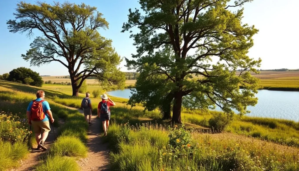 A lush, verdant landscape in central Illinois, where nature enthusiasts immerse themselves in the serene beauty of the region. In the foreground, a group of hikers traverse a well-trodden trail, marveling at the vibrant wildflowers that dot the path. In the middle ground, a tranquil lake reflects the azure sky, its surface rippling gently in the warm breeze. Towering oak and maple trees line the shoreline, casting dappled shadows across the scene. The background showcases the rolling hills and prairies that are quintessential to the Illinois countryside, with a soft, golden light bathing the entire tableau in a warm, inviting glow. The mood is one of peaceful contemplation, as the nature lovers soak in the restorative power of the great outdoors.